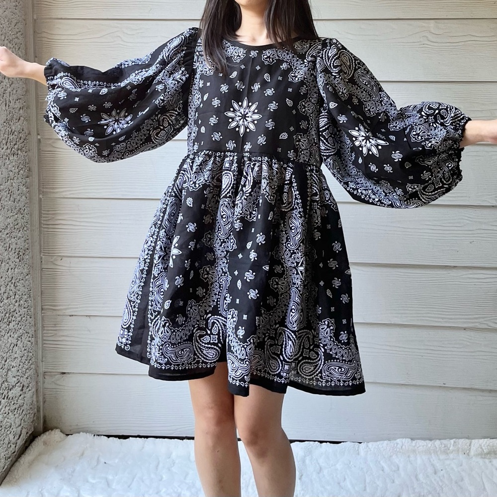 Made To Order | Handmade Bandana Dress -Black-Puff Sleeves - Picture 1 of 15